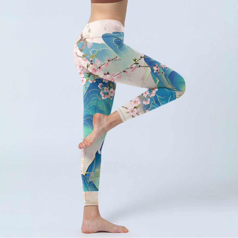 Buddha Stones、梅の花、山々のプリントジムレギンスレディースヨガパンツ - image 4