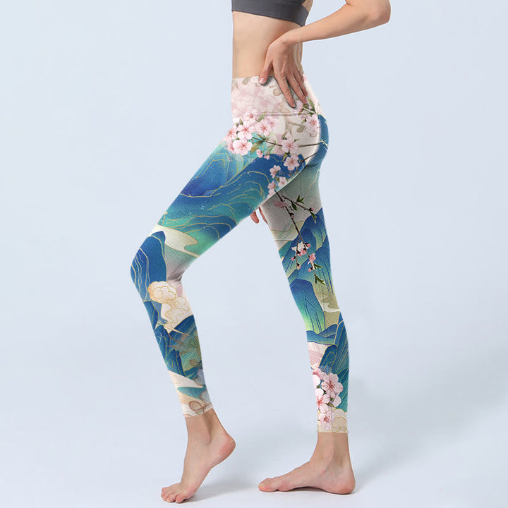 Buddha Stones、梅の花、山々のプリントジムレギンスレディースヨガパンツ - image 3