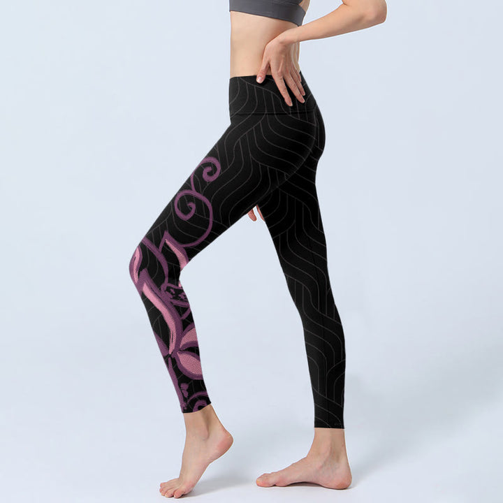 Buddha Stonesブラック ピンク ロータスフラワープリント ジムレギンス レディース ヨガパンツ - image 3