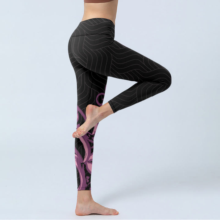 Buddha Stonesブラック ピンク ロータスフラワープリント ジムレギンス レディース ヨガパンツ - image 4