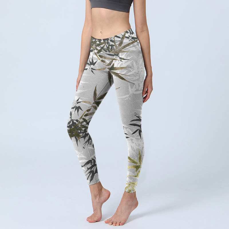 Buddha Stonesダークグレー 竹の葉柄 ジムレギンス レディース ヨガパンツ - ダークグレー - US18、 UK/AU22、 EU50 (4XL) - image 1