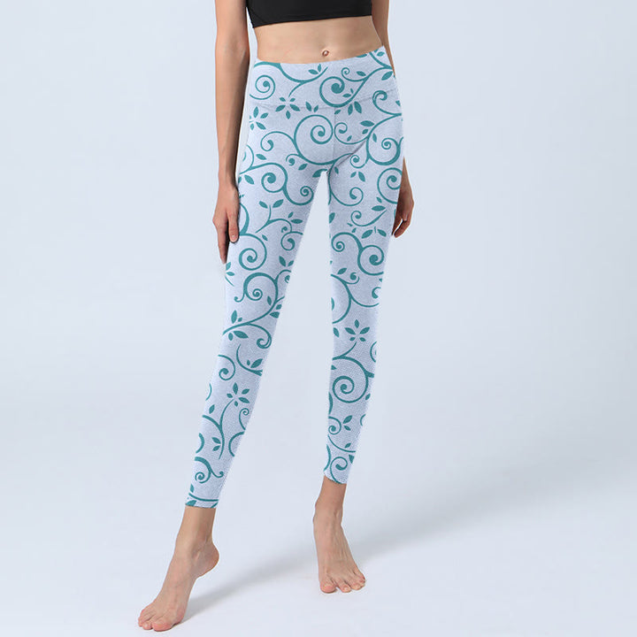 Buddha Stonesブルー ブドウの葉 プリント ジムレギンス レディース ヨガパンツ - image 6