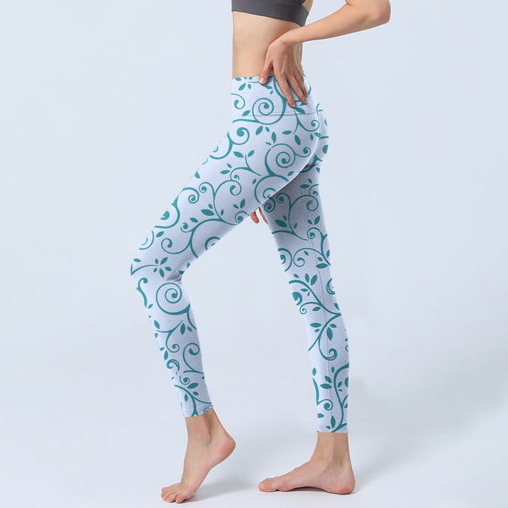 Buddha Stonesブルー ブドウの葉 プリント ジムレギンス レディース ヨガパンツ - image 3