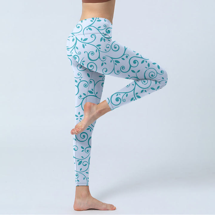 Buddha Stonesブルー ブドウの葉 プリント ジムレギンス レディース ヨガパンツ - image 5