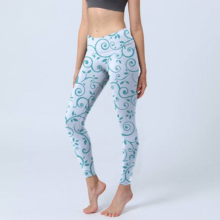 Buddha Stonesブルー ブドウの葉 プリント ジムレギンス レディース ヨガパンツ - ライトスカイブルー - US18、 UK/AU22、 EU50 (4XL) - image 1