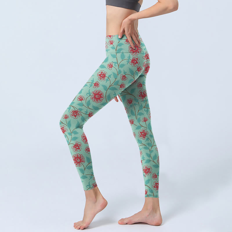 Buddha Stones、つるの葉、花柄プリントのジムレギンス、レディースヨガパンツ - image 3