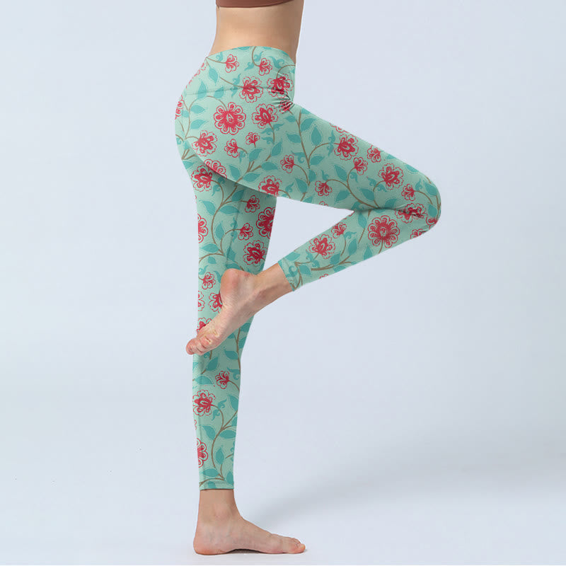 Buddha Stones、つるの葉、花柄プリントのジムレギンス、レディースヨガパンツ - image 4
