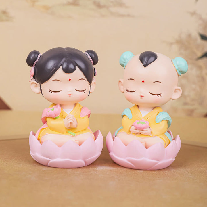 Buddha Stones瞑想観音蓮華座の少年少女樹脂像ハーモニーホームデコレーション - image 15