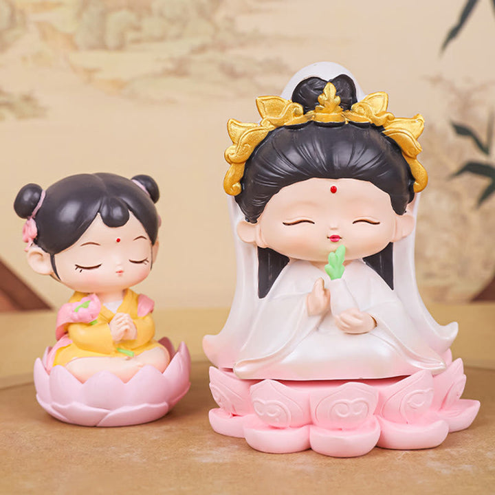 Buddha Stones瞑想観音蓮華座の少年少女樹脂像ハーモニーホームデコレーション - image 0