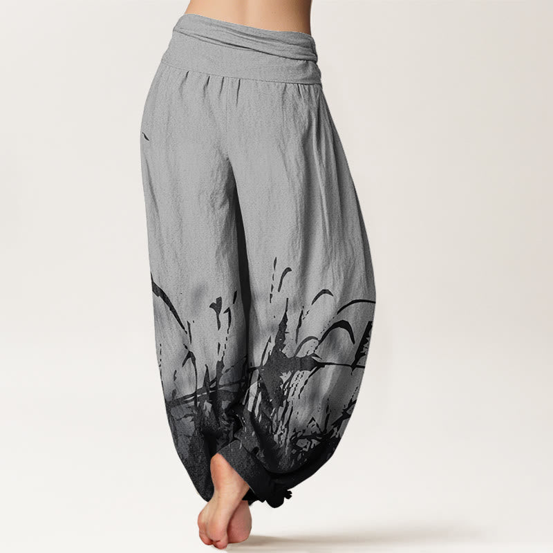 Buddha Stonesと野草模様のレディース伸縮性ウエストハーレムパンツ - image 3