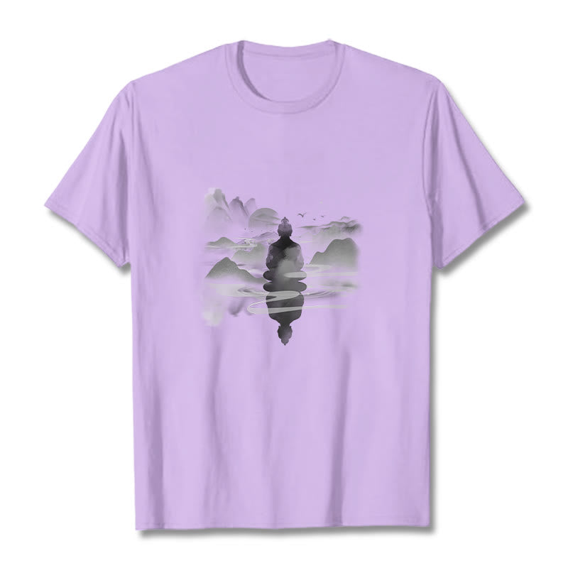 Buddha Stones、山に座る瞑想仏陀の模様のコットンTシャツ - 梅 - 2XL - image 15