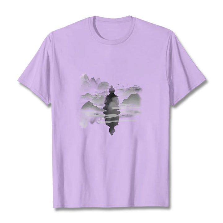 Buddha Stones、山に座る瞑想仏陀の模様のコットンTシャツ - 梅 - 2XL - image 15
