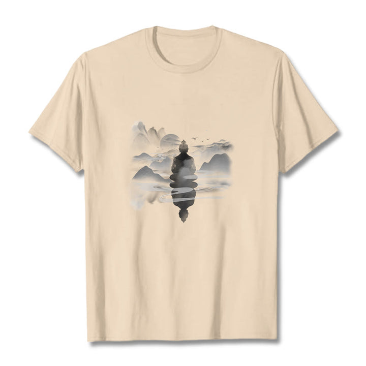 Buddha Stones、山に座る瞑想仏陀の模様のコットンTシャツ - ビスク - 2XL - image 16