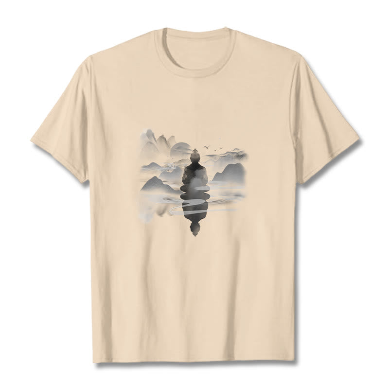 Buddha Stones、山に座る瞑想仏陀の模様のコットンTシャツ - ビスク - 2XL - image 17