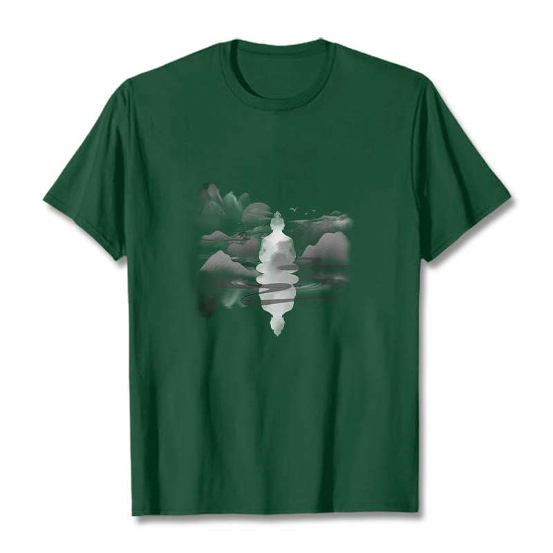 Buddha Stones、山に座る瞑想仏陀の模様のコットンTシャツ - フォレストグリーン - 2XL - image 11