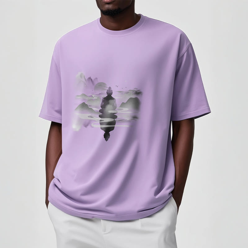 Buddha Stones、山に座る瞑想仏陀の模様のコットンTシャツ - image 16