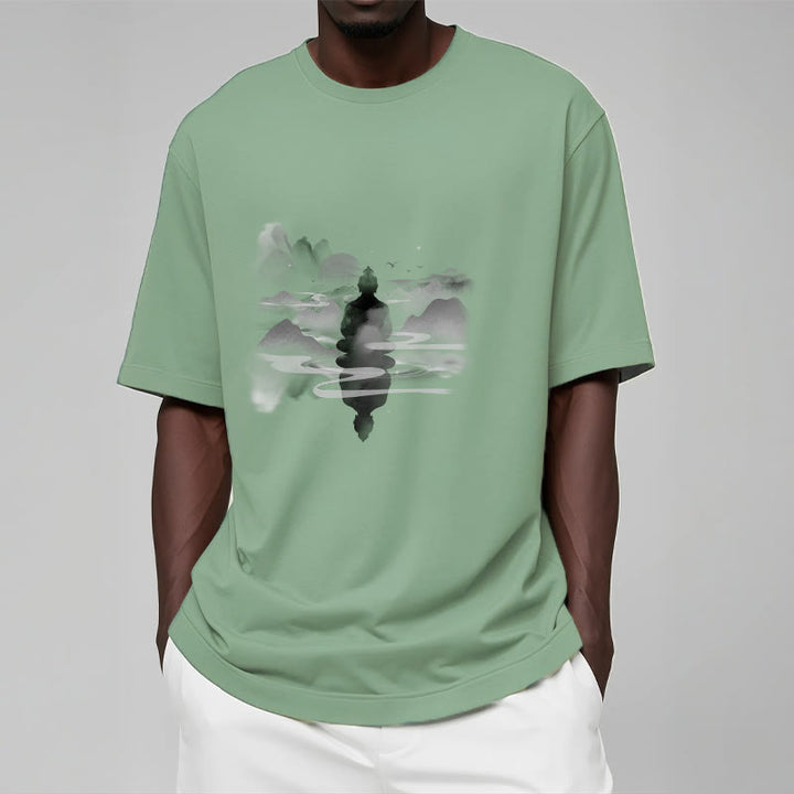 Buddha Stones、山に座る瞑想仏陀の模様のコットンTシャツ - image 14