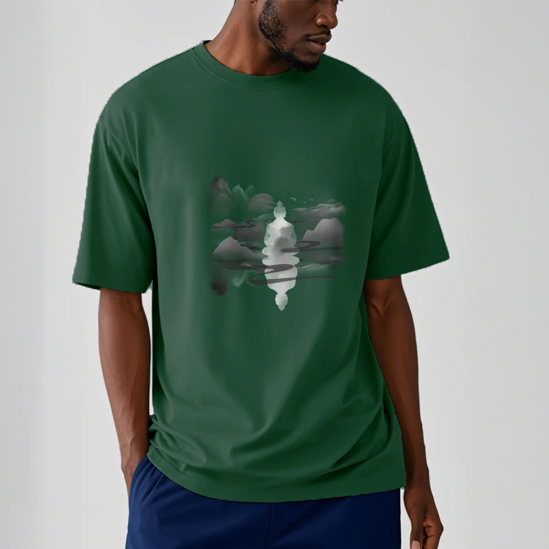 Buddha Stones、山に座る瞑想仏陀の模様のコットンTシャツ - image 11