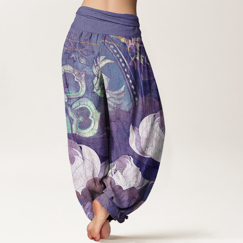 Buddha Stonesコットンホワイト蓮の葉柄カジュアルレディース伸縮性ウエストハーレムパンツ - image 7