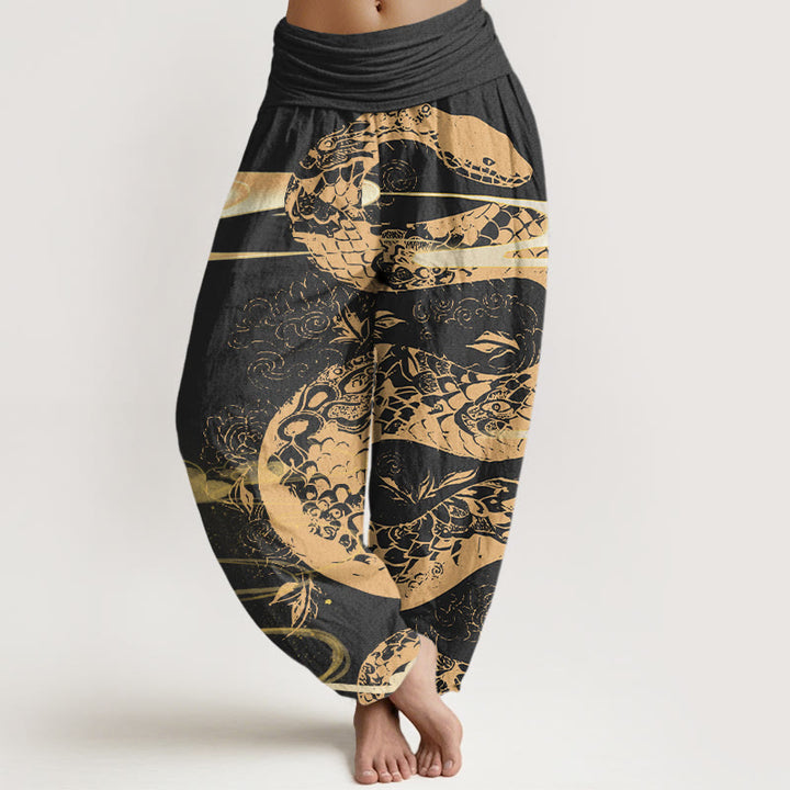 Buddha Stonesコットン製吉兆雲柄 蛇柄 レディース ウエストゴム ハーレムパンツ - 黒 - US22、 UK/AU26、 EU54 (6XL) - image 0