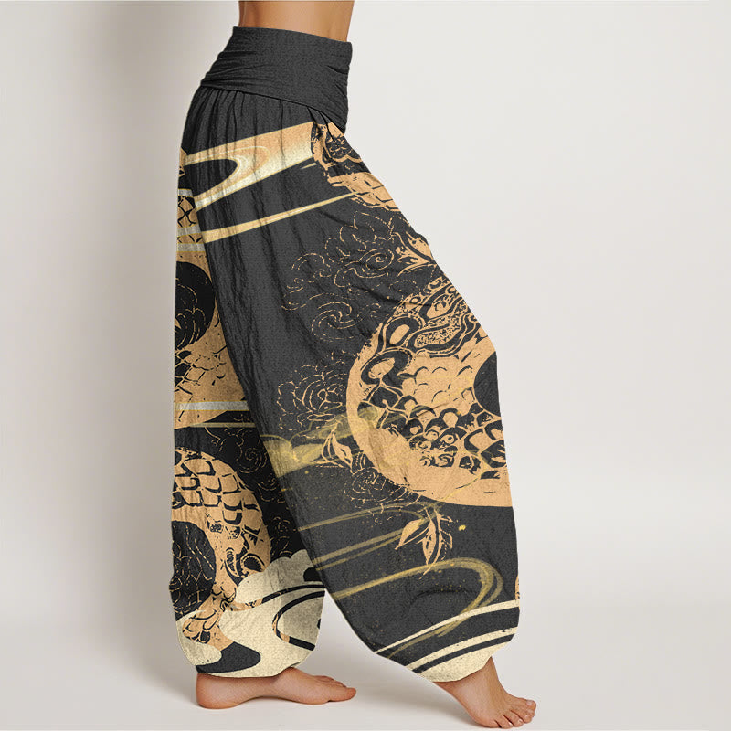 Buddha Stonesと吉兆の雲と蛇の模様のレディース伸縮性ウエストハーレムパンツ - image 2