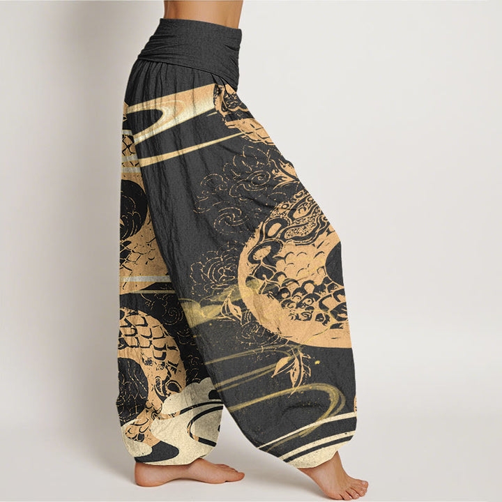 Buddha Stonesと吉兆の雲と蛇の模様のレディース伸縮性ウエストハーレムパンツ - image 2