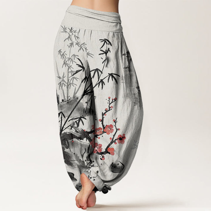 Buddha Stones、梅、竹、蘭、菊の模様のレディース伸縮性ウエストハーレムパンツ - image 3