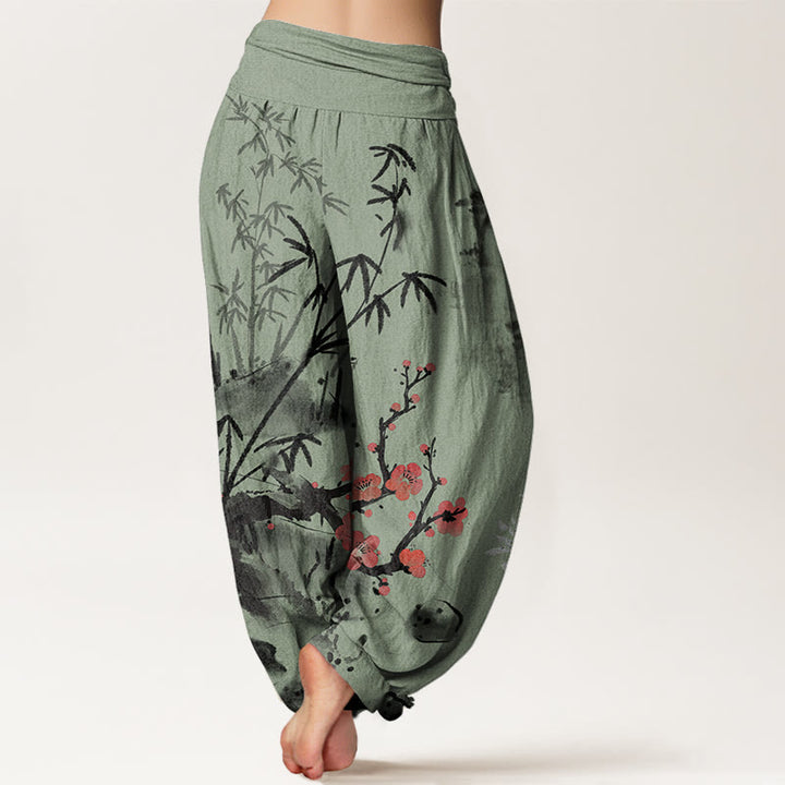 Buddha Stones、梅、竹、蘭、菊の模様のレディース伸縮性ウエストハーレムパンツ - image 7