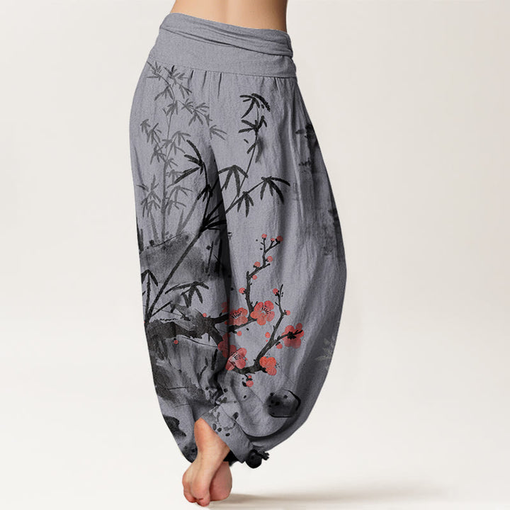 Buddha Stones、梅、竹、蘭、菊の模様のレディース伸縮性ウエストハーレムパンツ - image 10