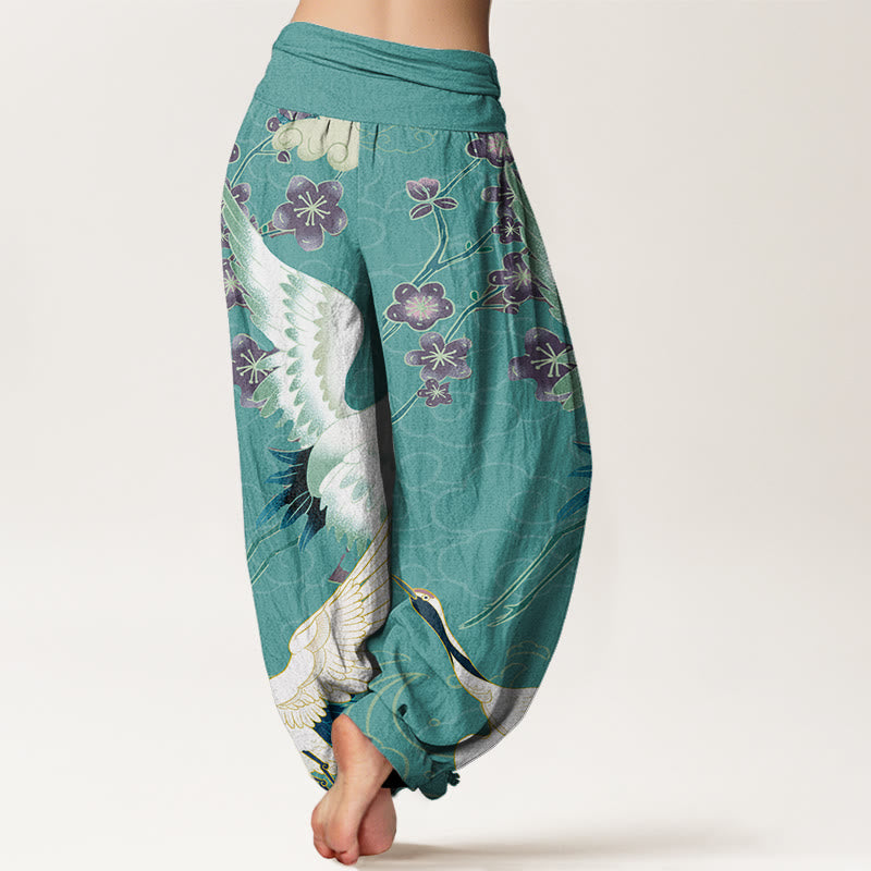 Buddha Stones、綿、鶴、花、縁起の良い雲柄、レディース、伸縮性ウエストのハーレムパンツ - image 6