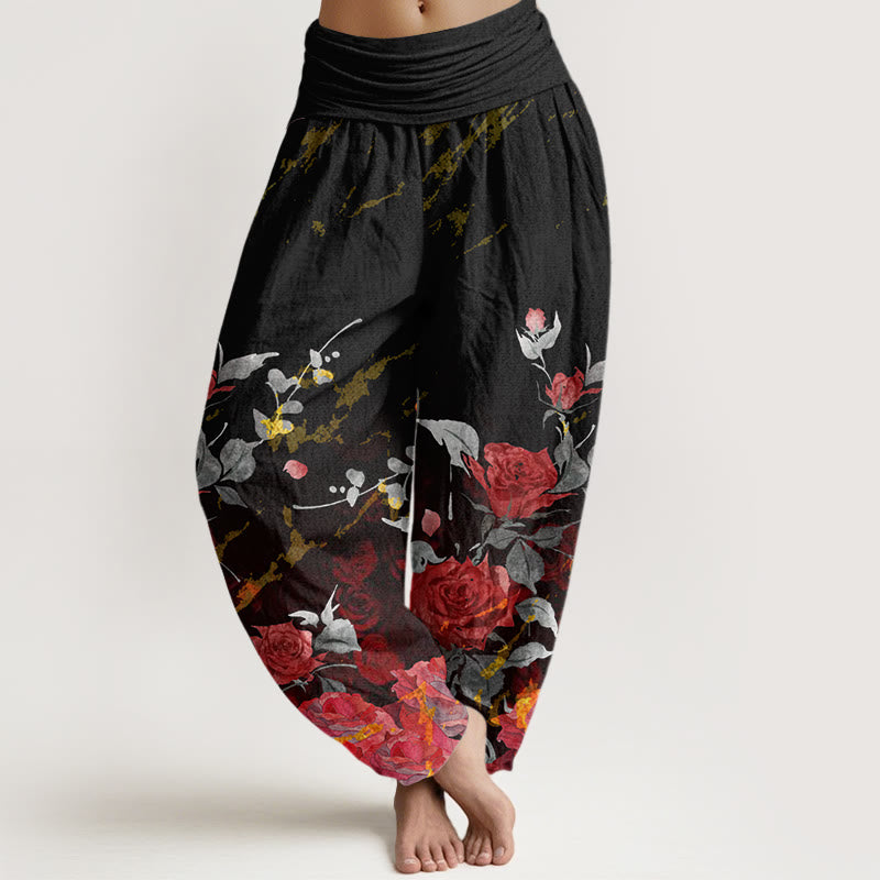 Buddha Stonesとバラの咲く模様のレディース伸縮性ウエストハーレムパンツ - 黒 - US22、 UK/AU26、 EU54 (6XL) - image 1