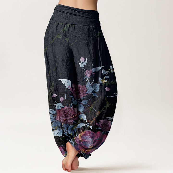 Buddha Stonesとバラの咲く模様のレディース伸縮性ウエストハーレムパンツ - image 7