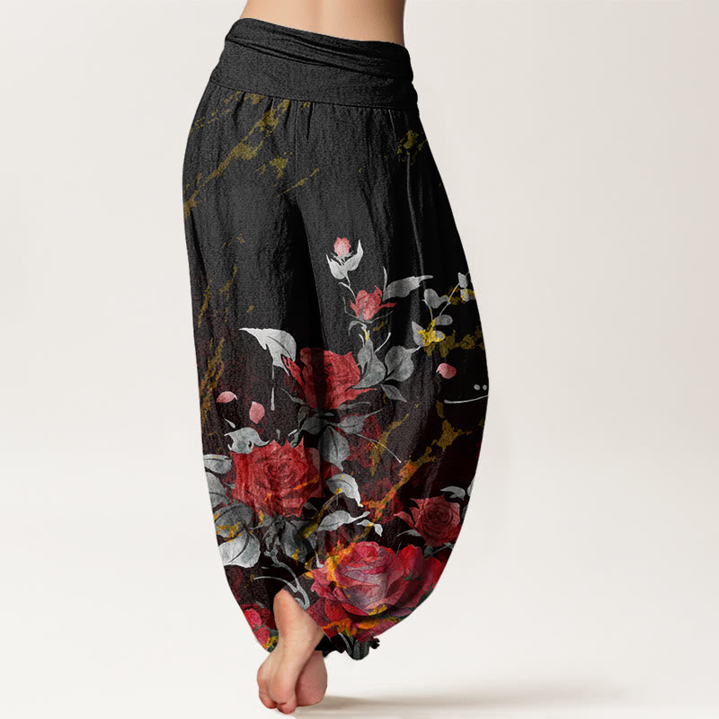 Buddha Stonesとバラの咲く模様のレディース伸縮性ウエストハーレムパンツ - image 3