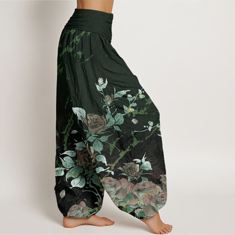 Buddha Stonesとバラの咲く模様のレディース伸縮性ウエストハーレムパンツ - image 9
