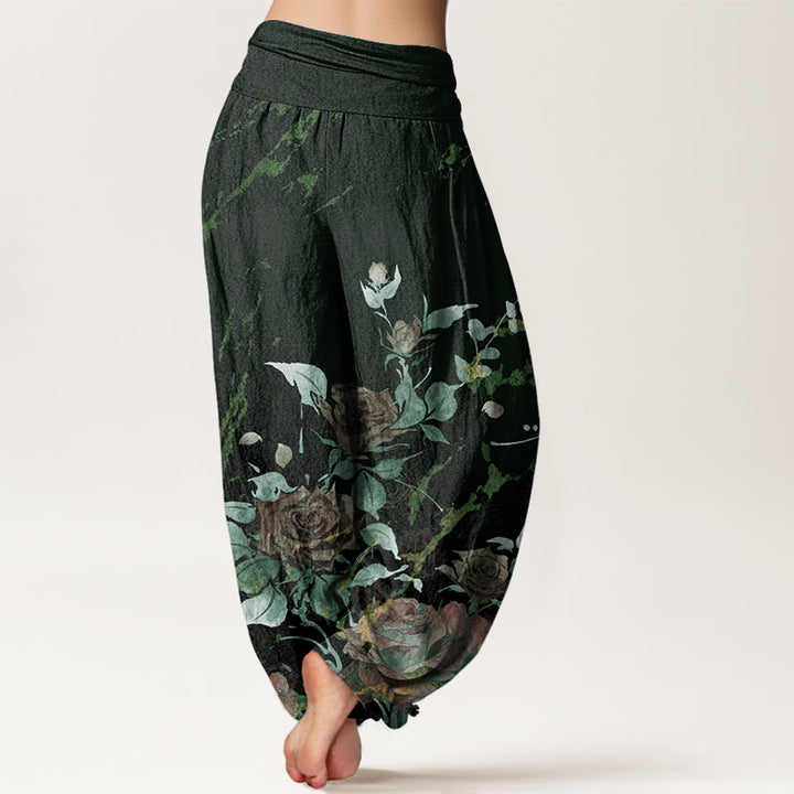 Buddha Stonesとバラの咲く模様のレディース伸縮性ウエストハーレムパンツ - image 10