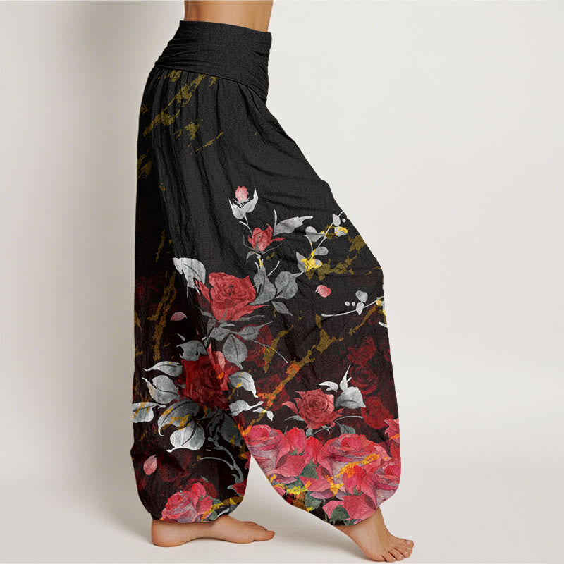 Buddha Stonesとバラの咲く模様のレディース伸縮性ウエストハーレムパンツ - image 2