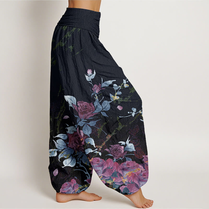 Buddha Stonesとバラの咲く模様のレディース伸縮性ウエストハーレムパンツ - image 6