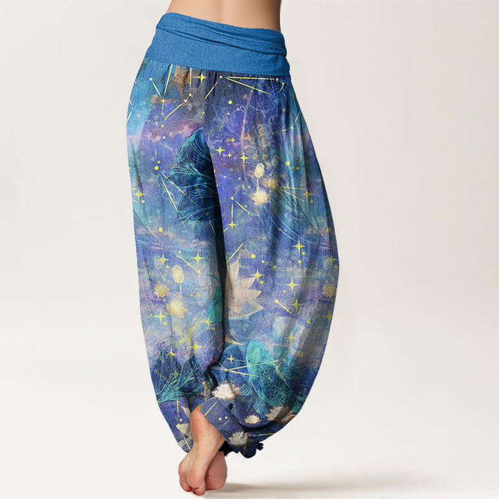Buddha Stones、鯉、蓮、月、星柄、レディース 伸縮性ウエスト ハーレムパンツ - image 3