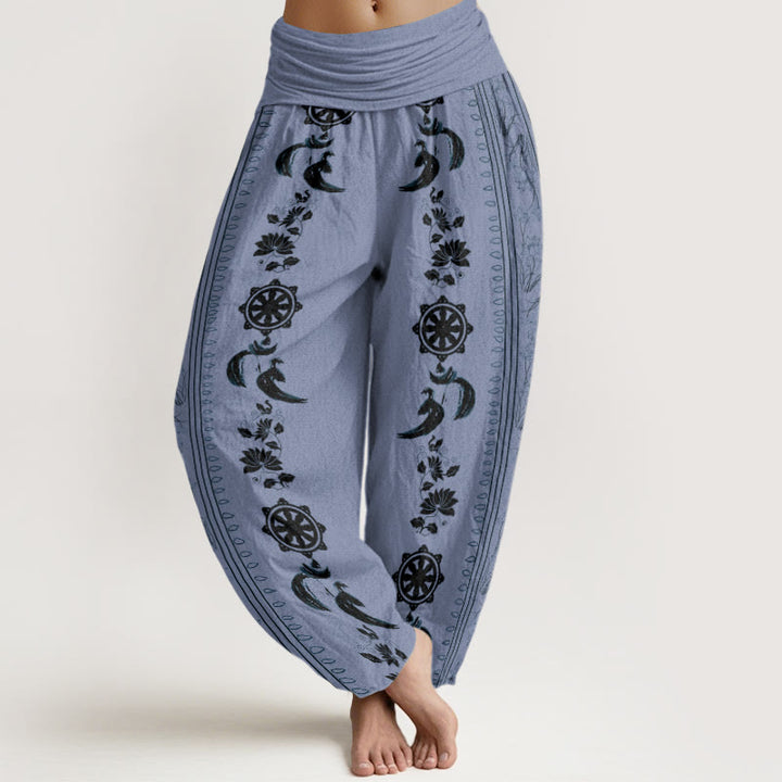 Buddha StonesコットンダルマホイールロータスOM柄レディース伸縮性ウエストハーレムパンツ - コーンフラワーブルー - US22、 UK/AU26、 EU54 (6XL) - image 0