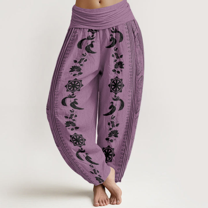 Buddha StonesコットンダルマホイールロータスOM柄レディース伸縮性ウエストハーレムパンツ - 梅 - US22、 UK/AU26、 EU54 (6XL) - image 5