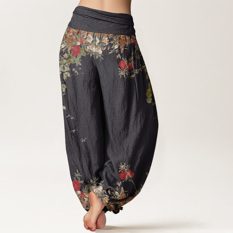 Buddha Stonesカジュアル レッド 牡丹 花 つる デザイン レディース 伸縮性ウエスト ハーレムパンツ - image 3