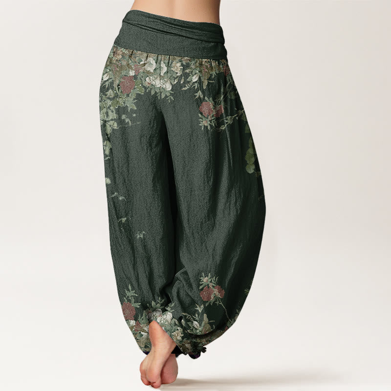 Buddha Stonesカジュアル レッド 牡丹 花 つる デザイン レディース 伸縮性ウエスト ハーレムパンツ - image 7