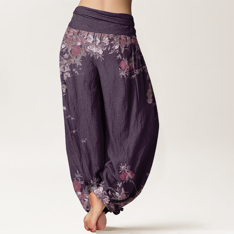Buddha Stonesカジュアル レッド 牡丹 花 つる デザイン レディース 伸縮性ウエスト ハーレムパンツ - image 10