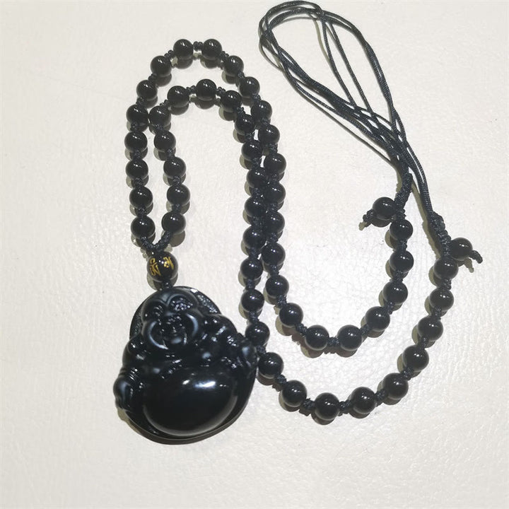 Buddha Stones天然黒曜石 氷の黒曜石 笑う仏 浄化のネックレスペンダント