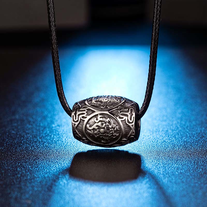 チベットのBuddha Stonesオム・オーム・マニ・パドメ・フム四大神話の獣 チタン鋼 知恵のネックレスペンダント - 四神獣-革紐 - image 1