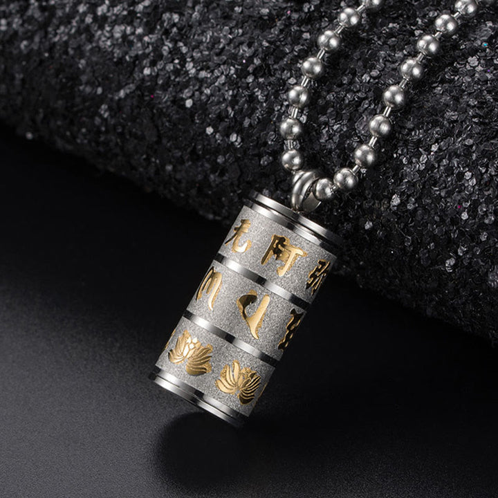 Buddha Stonesチベットオーム・マニ・パドメ・フム蓮の模様祈祷ホイールチタン鋼 平和ネックレス ペンダント - image 11