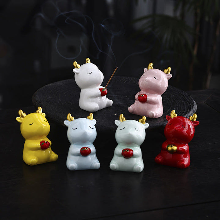 Buddha Stonesかわいい鹿の置物 癒し効果のある陶器製香炉 デスクデコレーション