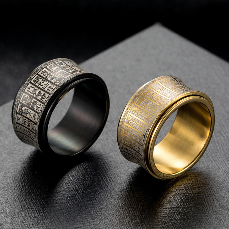 Buddha Stones チベット印章モチーフ 黄金の光マントラ入り チタン鋼製スピナーバランスリング