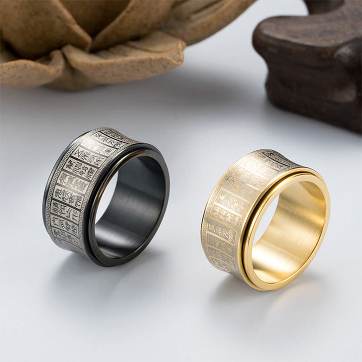 Buddha Stones チベット印章モチーフ 黄金の光マントラ入り チタン鋼製スピナーバランスリング