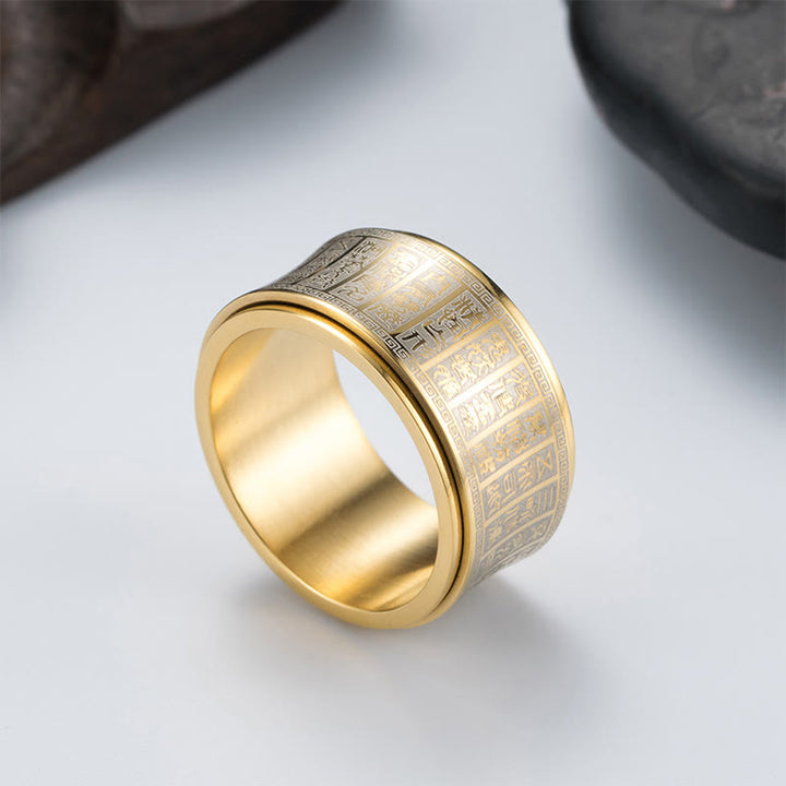 Buddha Stones チベット印章モチーフ 黄金の光マントラ入り チタン鋼製スピナーバランスリング